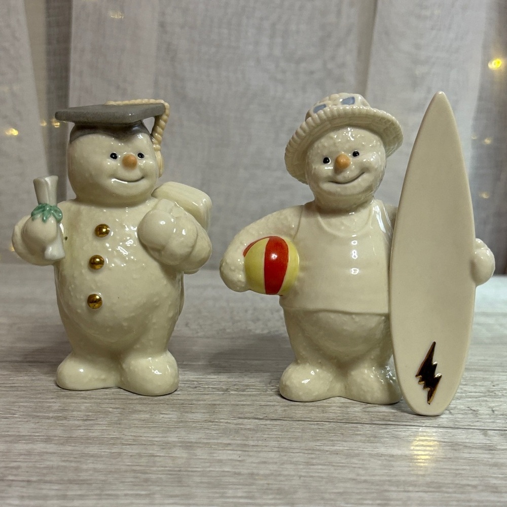 2000 Lenox Ceramic Snowman Figurine Set June & August - Cream and Gold